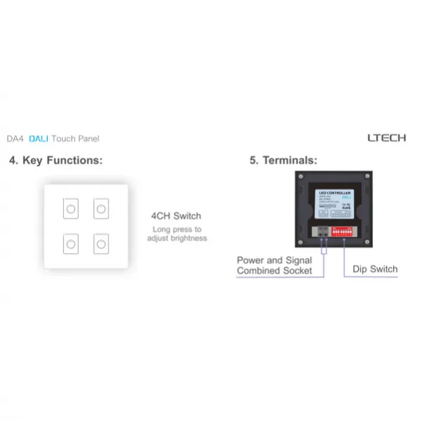 DALI Touch Panel, 4 Chanel control, Scene, Group, Unicast, Broadcast mode. Output signal: DALI, IP20. EDA4  LTECH Touch Panel